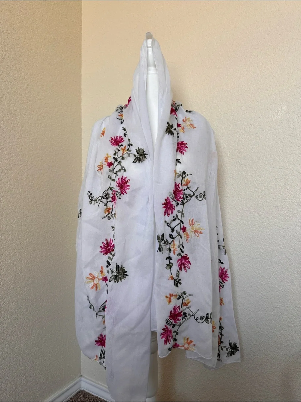 White Floral Embroidered Scarf - Pink & Green Flowers